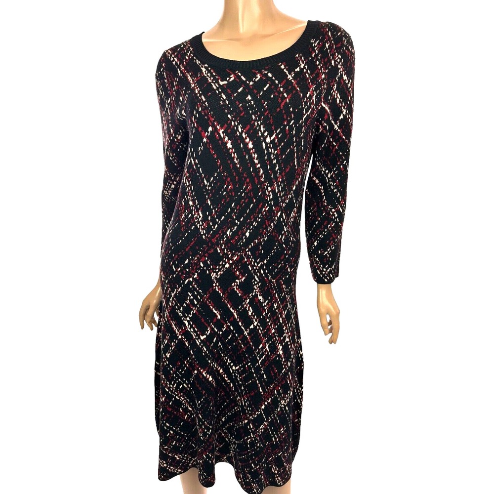 Taylor Knit Sweater Midi Dress Sz M 3/4 Sleeve Black,White,Red Rayon/ Polyester